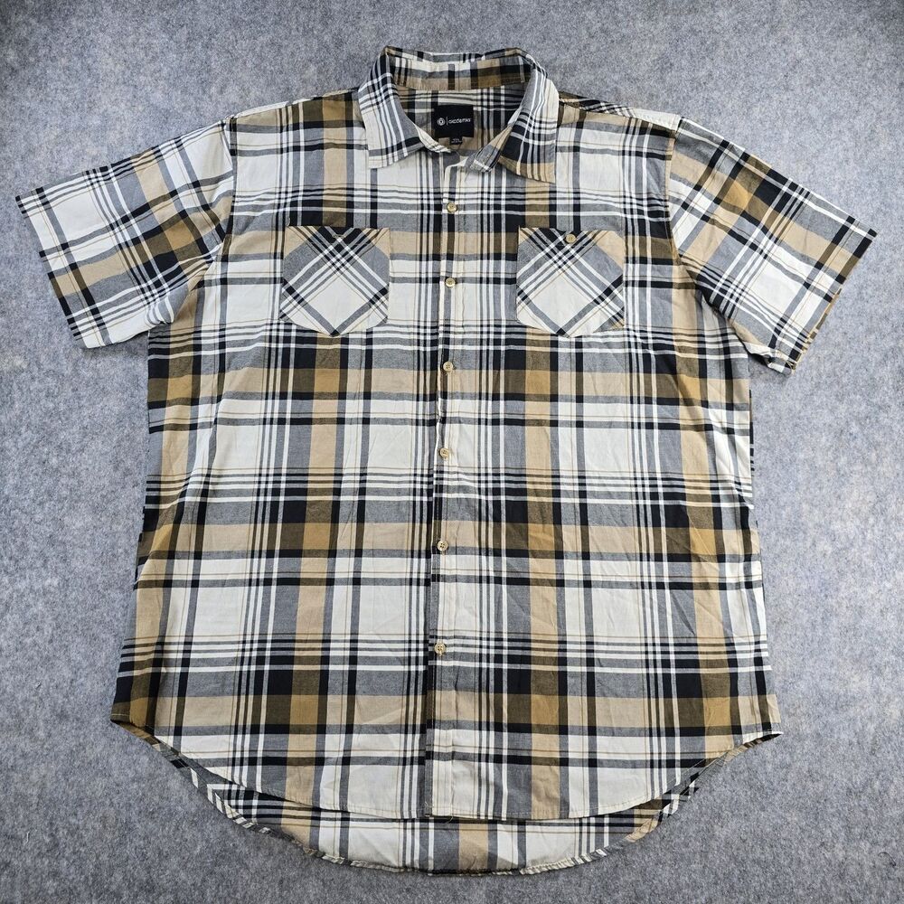 Akademiks Shirt Mens 4XL Button Up Short Sleeve Shirt Brown Ivory Plaid Work